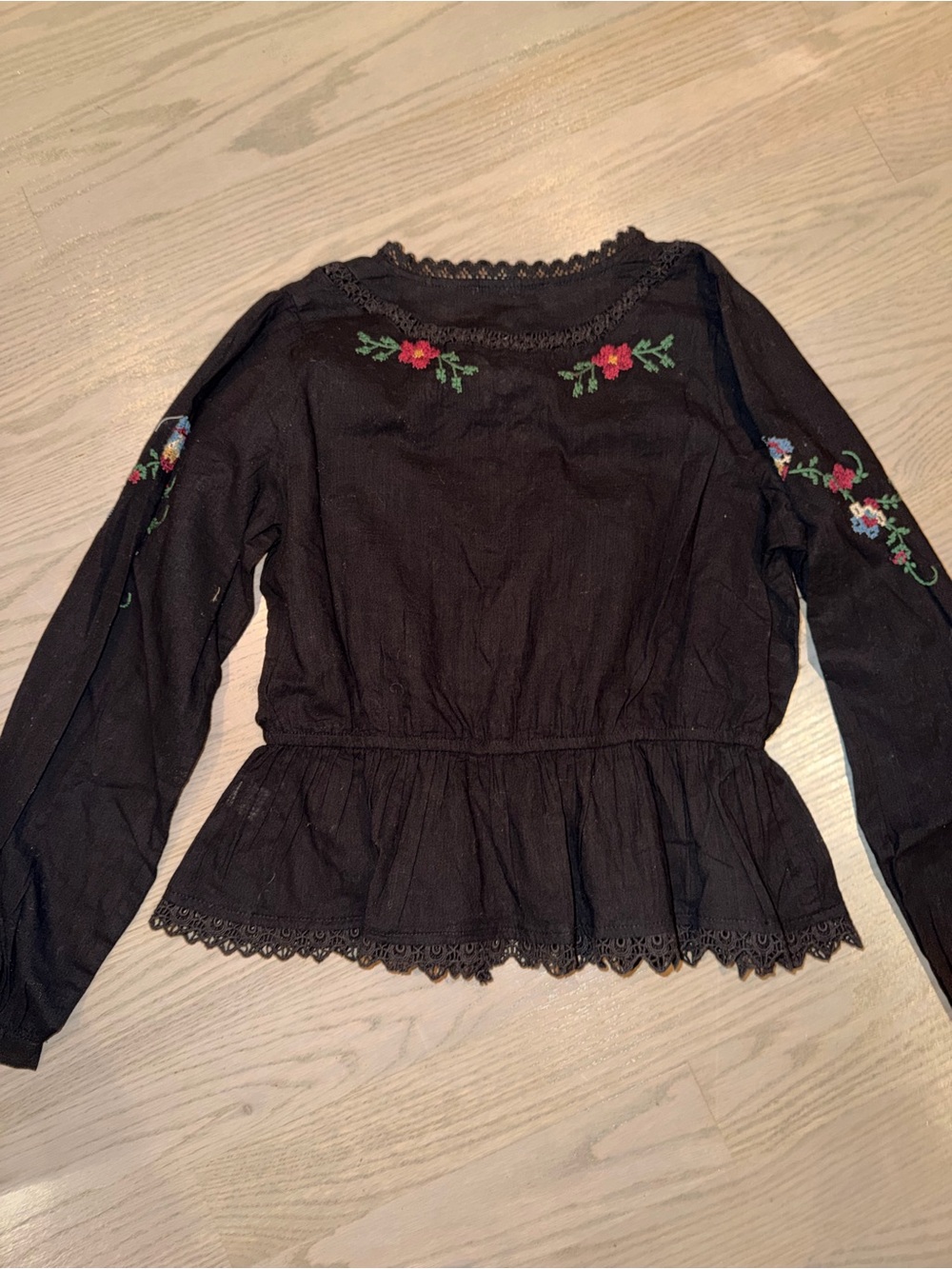 Jennifer & Grace Black Embroidered Peplum Tie-Front Blouse - Picture 6 of 6